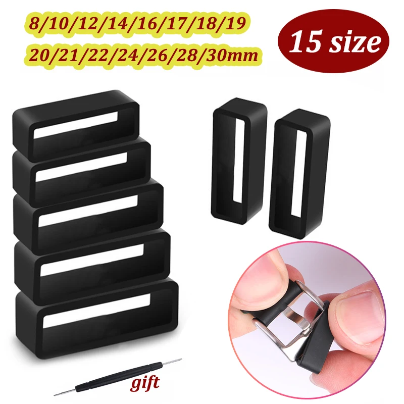 4pcs Watchband Black Strap Loop Ring 8/10/12/14/16/17/18/19/20/21/22/24/26/28/30mm Silicone Watch Band Accessories Holder Locker