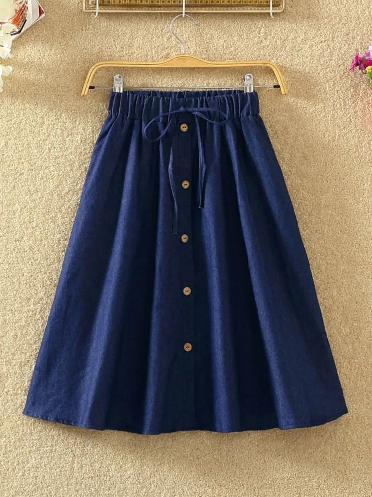 

High Waist Skirt Casual Striped Bow Denim Women Solid Color Long Skirt Female Elegant Big Hem Casual Button Jean Skirt