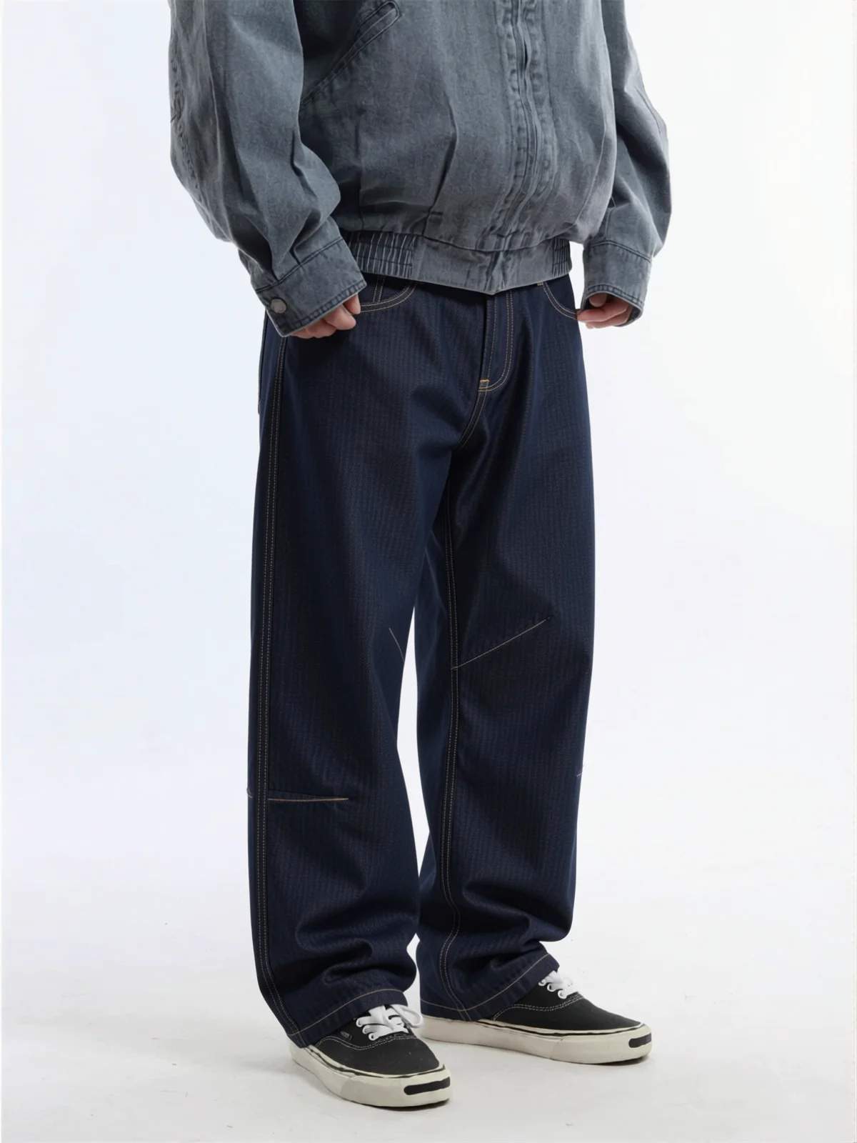 Original Color Jeans Loose Straight Casual Long Pants Deep Blue Contrast Line Autumn Versatile Cone Shaped Anti-Fading