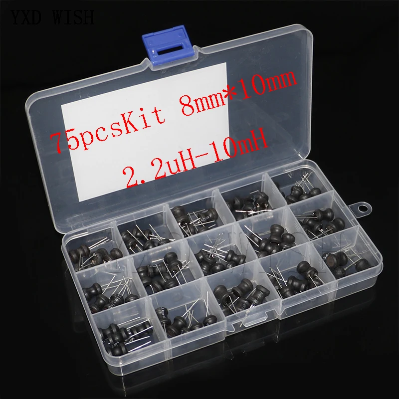 75PCS/Box 8*10mm Inductance Power Inductor Kit 4.7UH 10UH 22UH 33UH 47UH 68UH 100UH 220UH 330uh 470uh 680uh 1MH 10MH Inductors