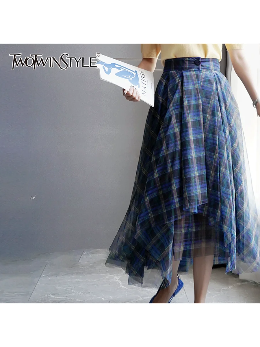 TWOTWINSTYLE Moda Blu Plaid Gonne irregolari per le donne Vita alta Patchwork Bottone Elegante Maglia Gonna lunga Abbigliamento femminile