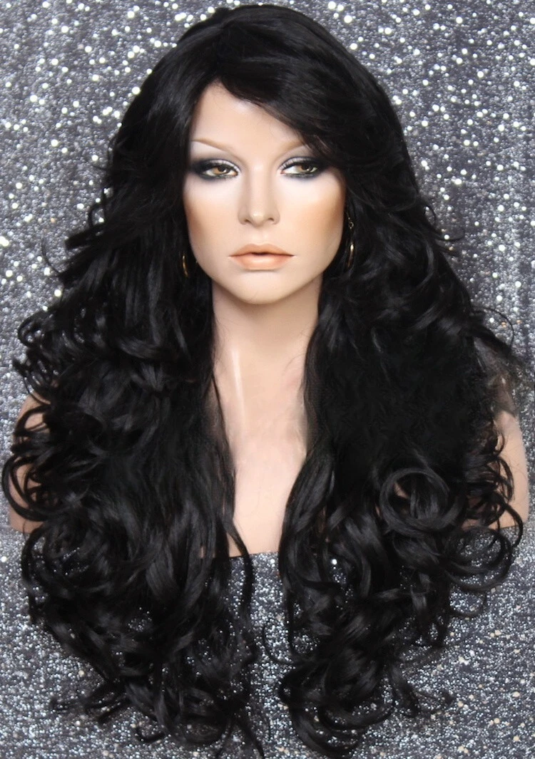 

Full Heat OK Curly Long hair Blend Wig Black Bangs Layered 1B WBSO