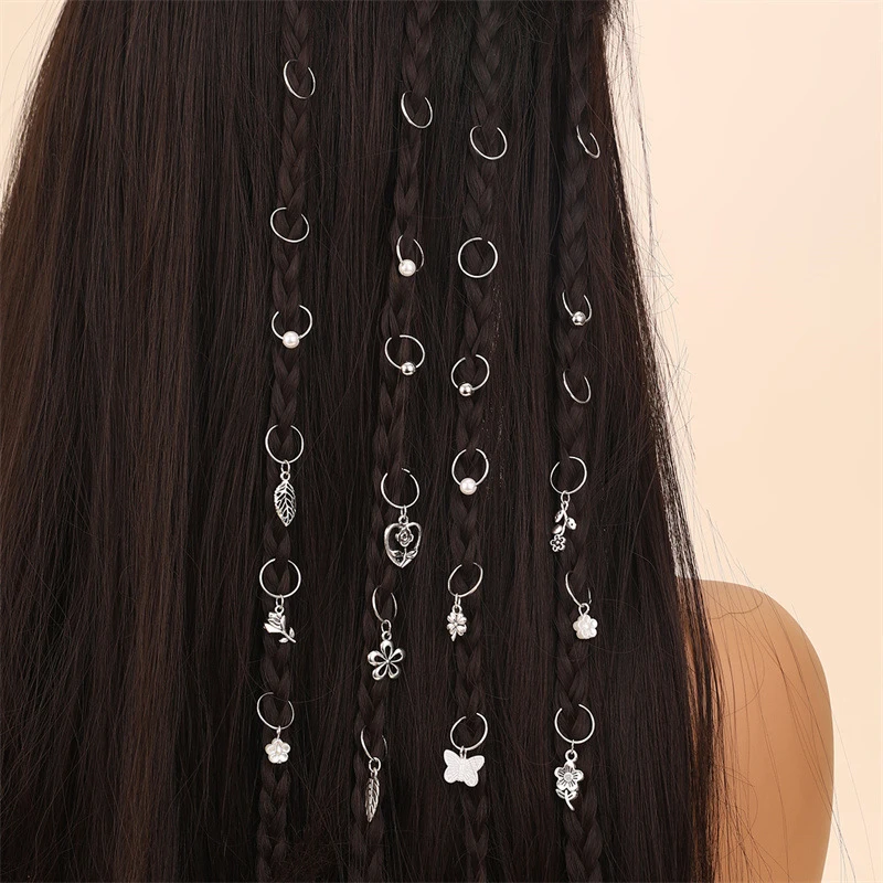 24pcs/set Metal Butterfly & Flower Braid Rings – Punk Hair Cuffs for Dreadlocks, Edgy Street Accessory.