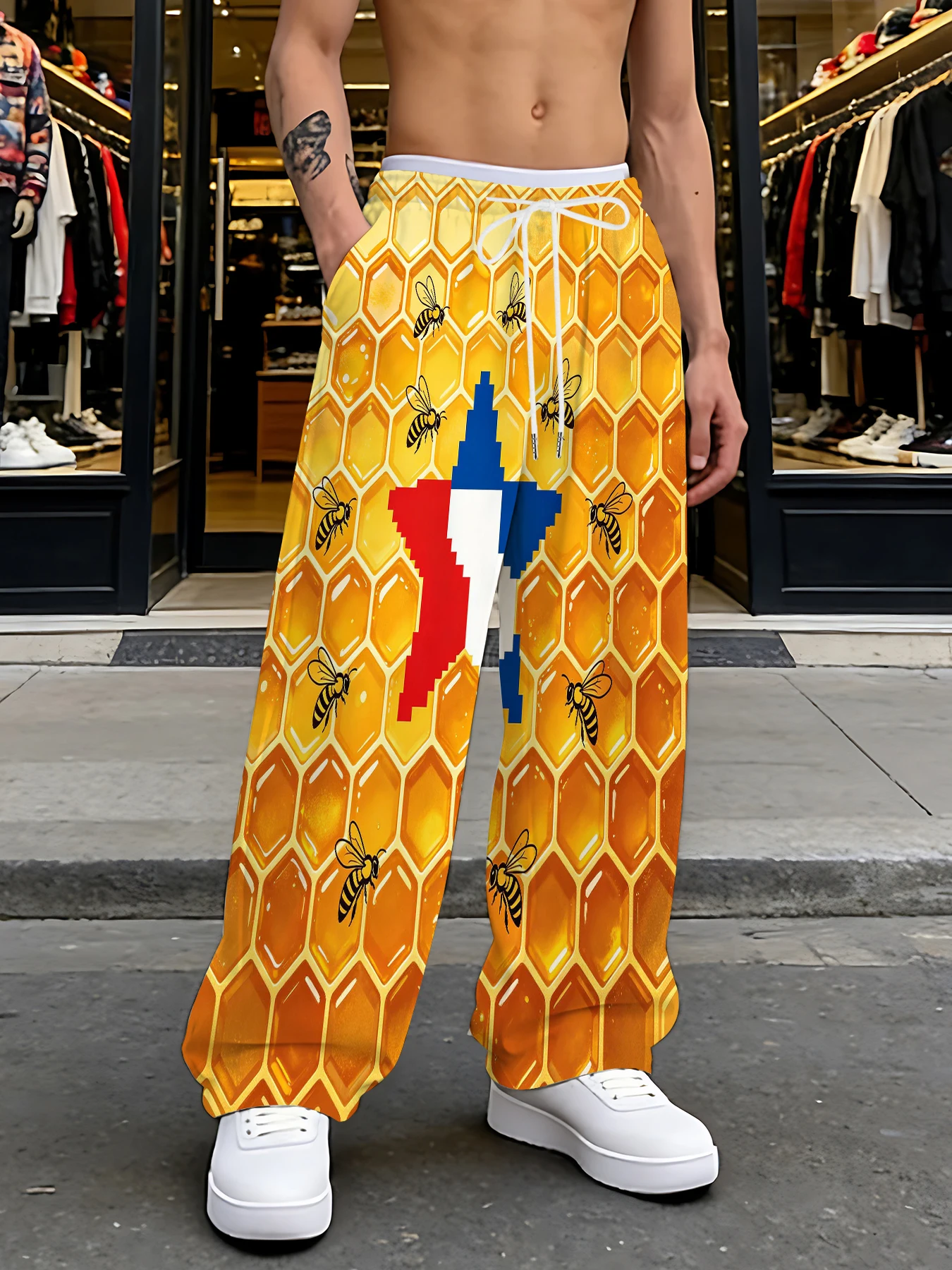 

2026 Men's Printed Straight Leg Pants Vibrant Abstract Design Drawstring Waist Loose Fit Summer Beach Casual Fashion Pants