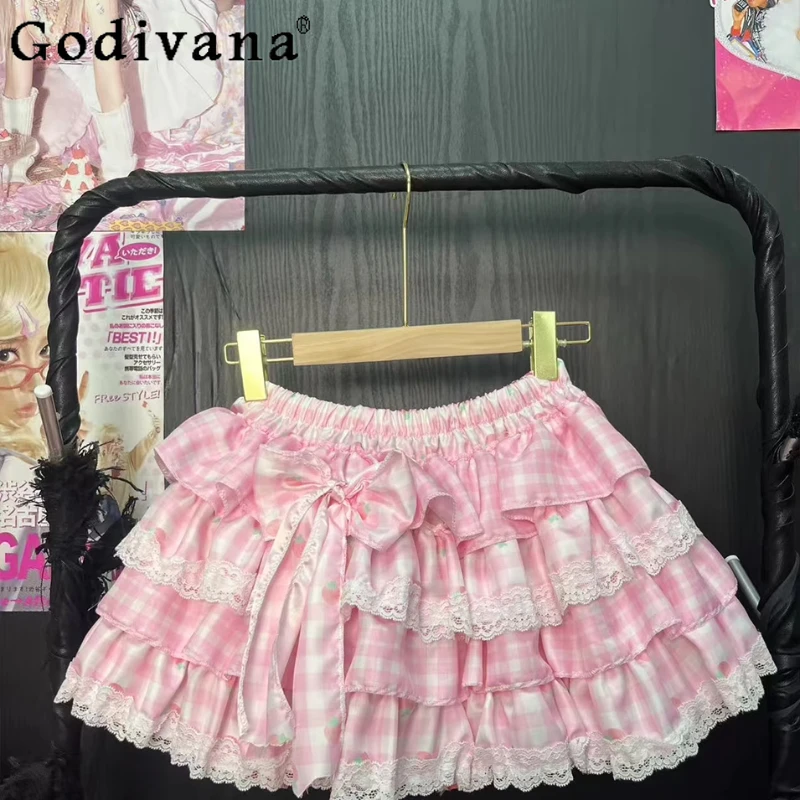 

Girl Lace Edge Puffy Cake Culottes Original Design Sweet Pink Strawberry Y2K Cute Skirt Women's Summer High Waist Mini Skirt