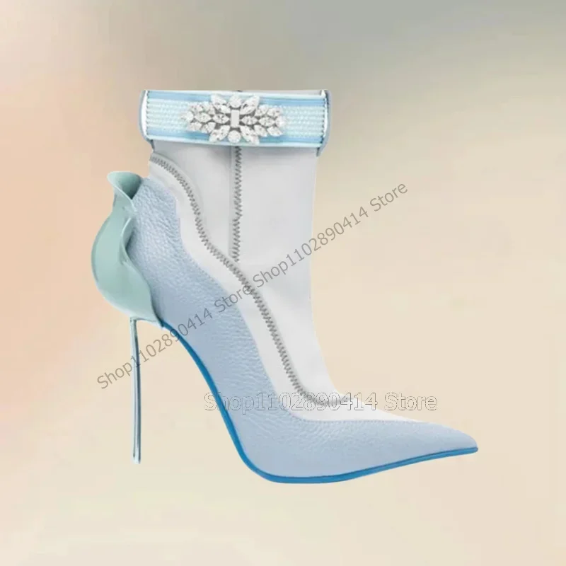 

Blue Crystal Flower Lychee Print Metal Heel Ankle Boots Side Zipper Women Shoes Pointy Toe New Fashion 2025 Zapatos Para Mujere