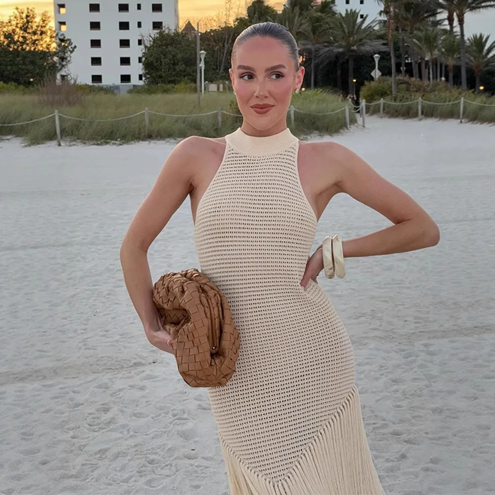 Vestido maxi de malha vazada com borla em camadas, moda feminina, gola redonda, sem mangas, bodycon, férias, praia, vestido longo de alta elasticidade