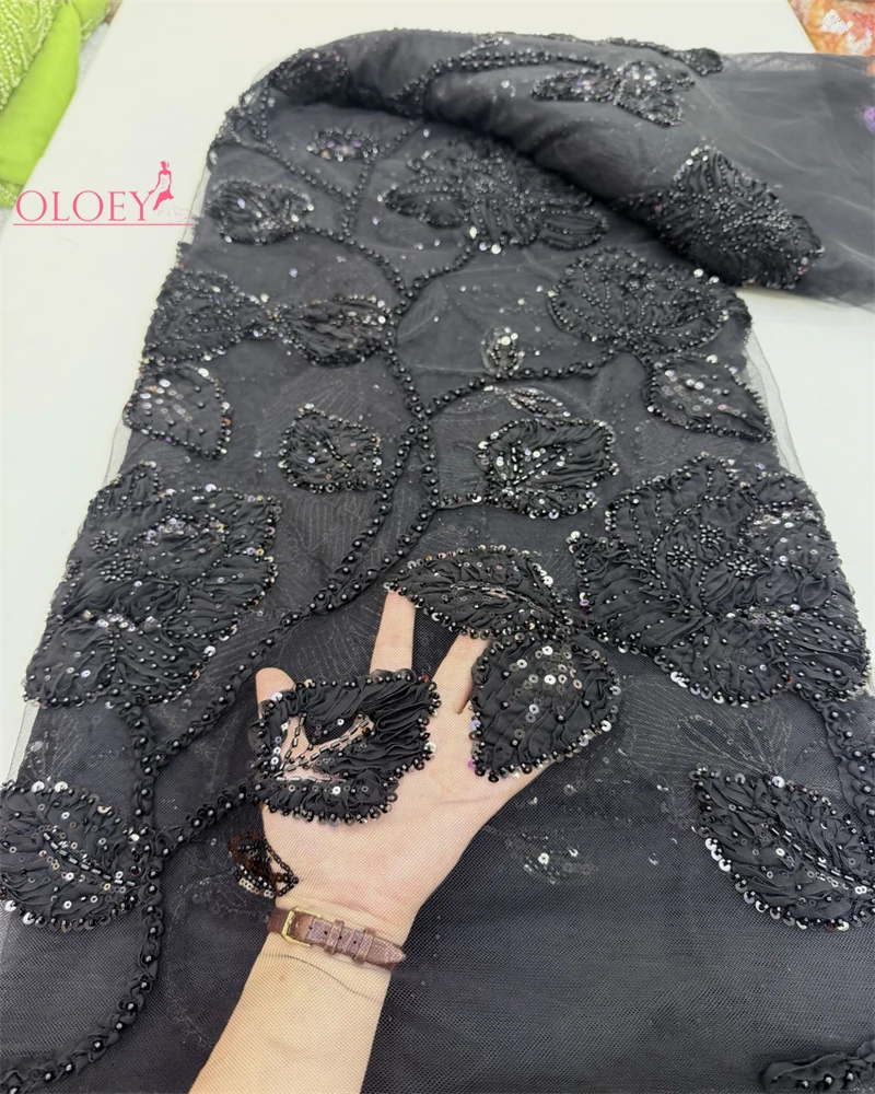 

OLOEY Высококачественная африканская кружевная ткань ручной работы с бусинами и блестками для свадебных платьев, модная вышитая праздничная одежда