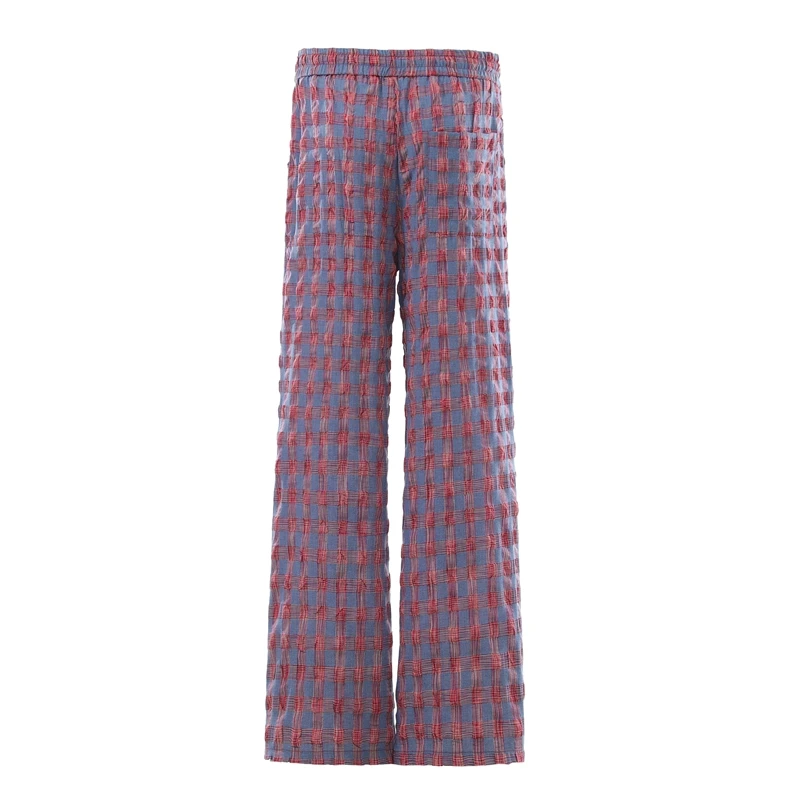 Kreppige, strukturierte, karierte Wide-Leg-Hose in Blau-Rot mit elastischem Bund, Lounge-Hose, Oversize-Vintage-Preppy-Freizeithose – Detail 4