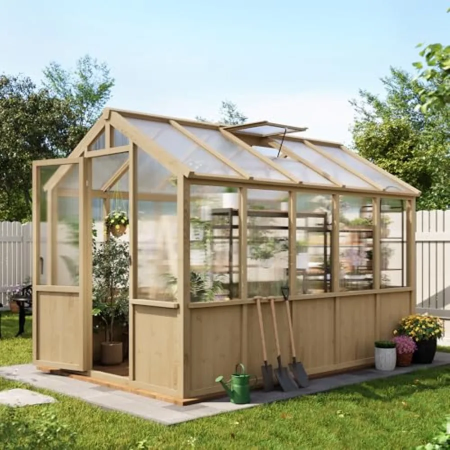 

Теплица 6x10 футов - Большая уличная деревянная теплица с еловым каркасом и поликарбонатными панелями, зеленый садовый домик с регулируемой конструкцией