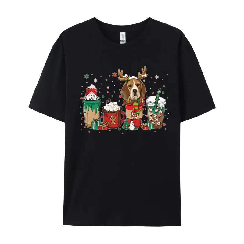 Cute Beagle Dog Christmas Coffee Pajama T-shirt Funny Sip Coffee T-Shirt Prevailing Men's Tees Normal Top T-shirts Cotton