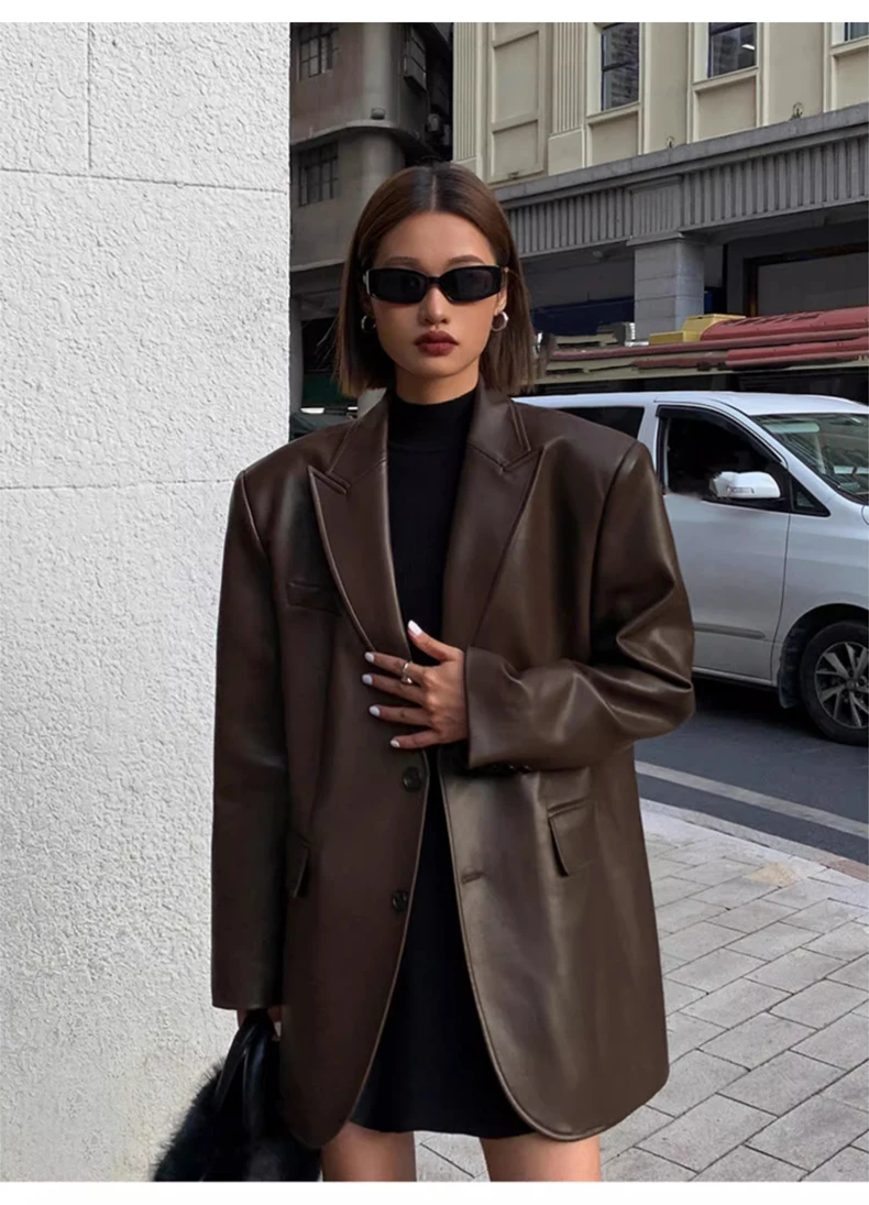 Lautaro Autumn Black Brown Soft  Pu Leather Blazer Women Shoulder Pads Long Sleeve Single Breasted Loose Casual Korean Fashion