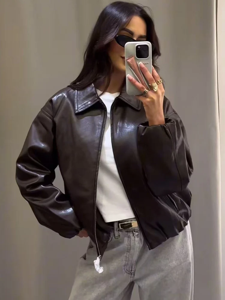 レディースPUジッパーショートジャケット ヴィンテージカジュアル 長袖 ターン ダウンカラー コート 2025秋冬 レディースレザー ストリートウェア