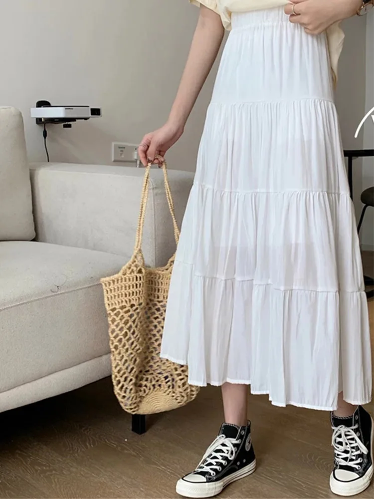 Spring Summer Women Chiffon Skirts Vintage High Waist Elastic Patchwork White Black Chic Long Cake A-line Skirt for Student