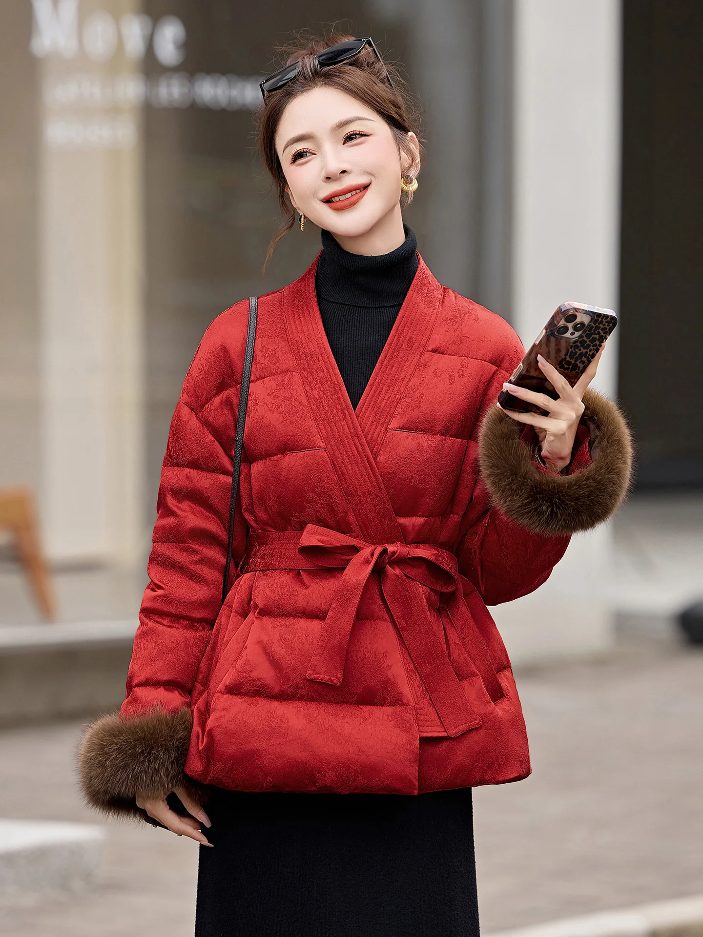 Nuovo piumino da donna cinese Sle Jaet con cintura Du down Fur Sve Cappotto invernale di fascia alta Tessuto caldo e soffice in poliestere