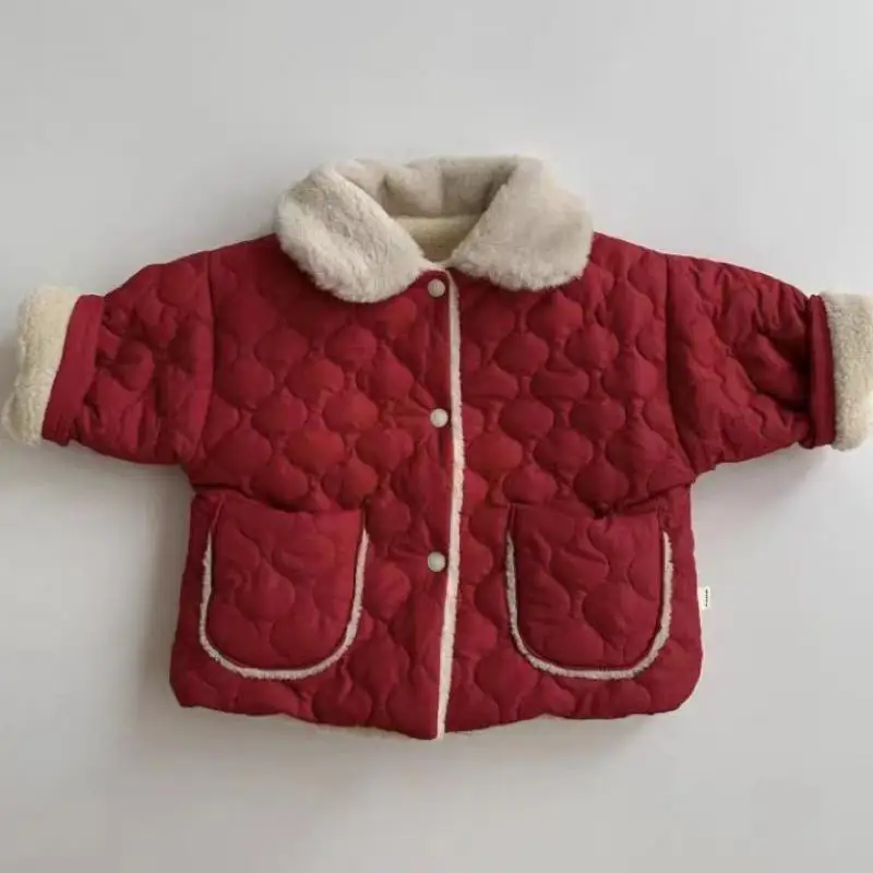 Abrigo de algodón grueso de terciopelo para niños, chaqueta informal cálida de lana, Tops de solapa sólidos, moda de bebé, Otoño e Invierno