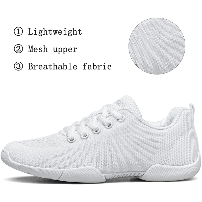 BAXINIER White Cheerleading Shoes Girls Kids Breathable Mesh Upper Dance Sneakers Lightweight Non Slip Cheer Performance Footwear Soft Gymnastics Flexible Bending Tumbling Indoor Athletic Practice