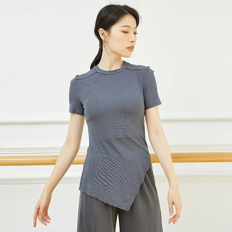 

Adult Slim Fit Ribbed Belly Dance Top Asymmetric Hem Crew Neck Yoga T Shirt Costume for Women Dancer Clothes Wear Clothing