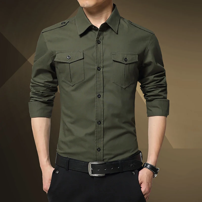 Styl wojskowy koszula męska jednolity kolor Slim Fit podwójne kieszenie Retro klapy z długim rękawem casualowe uniwersalne proste modna bluzka