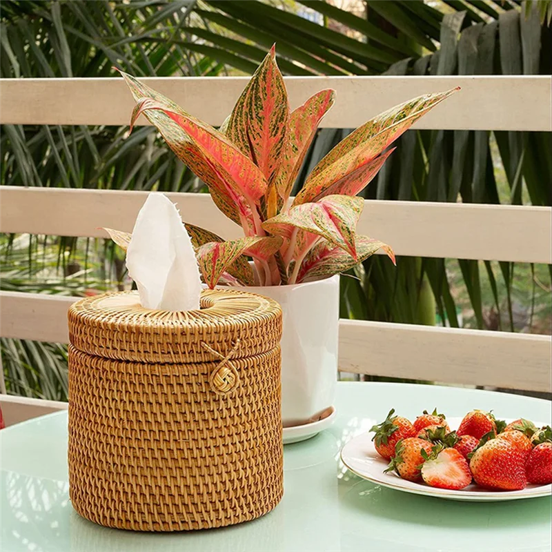 A23E-2Pcs Rattan Tissue Box Toilet Paper Cover Wicker Decorative Holders With Lid For Storage Single Roll And Tissues