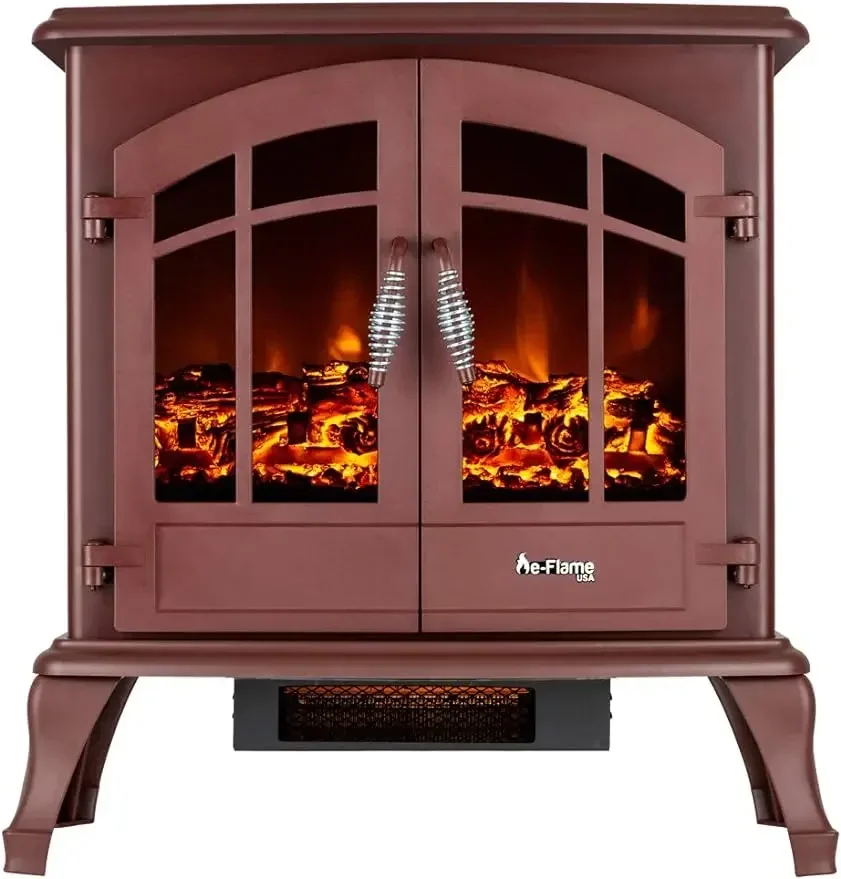 E-Flame USA Jasper Freestanding Electric Fireplace Stove Heater - Realistic 3-D Log & Fire Effect (Red) 750-watt on Low1500-watt