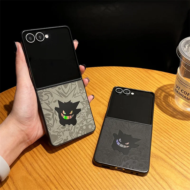 Cartoon Gengar Laser Leder Textur Telefon Fall Für Samsung Galaxy Z Fold 7 6 5 4 ZFold7 Zflip 6 5 4 Zflip7 FE Stoßfest Abdeckung