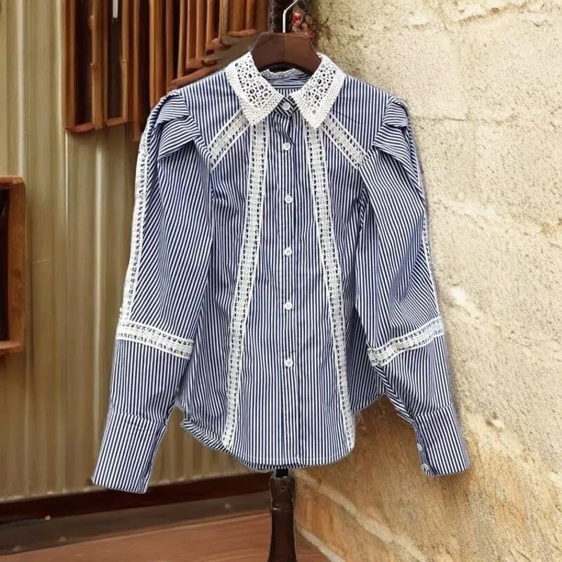 

Women Y2k Tops Lace Trim Blouse Hollow Out Turn Down Collar Puff Long Sleeve Shirt Korean Trendy All-match Spring Autumn Blusa