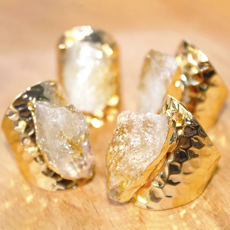 Irregular Raw Citrine Wide Open Rings for Women Genuine Stone Adjustable Finger Jewelry