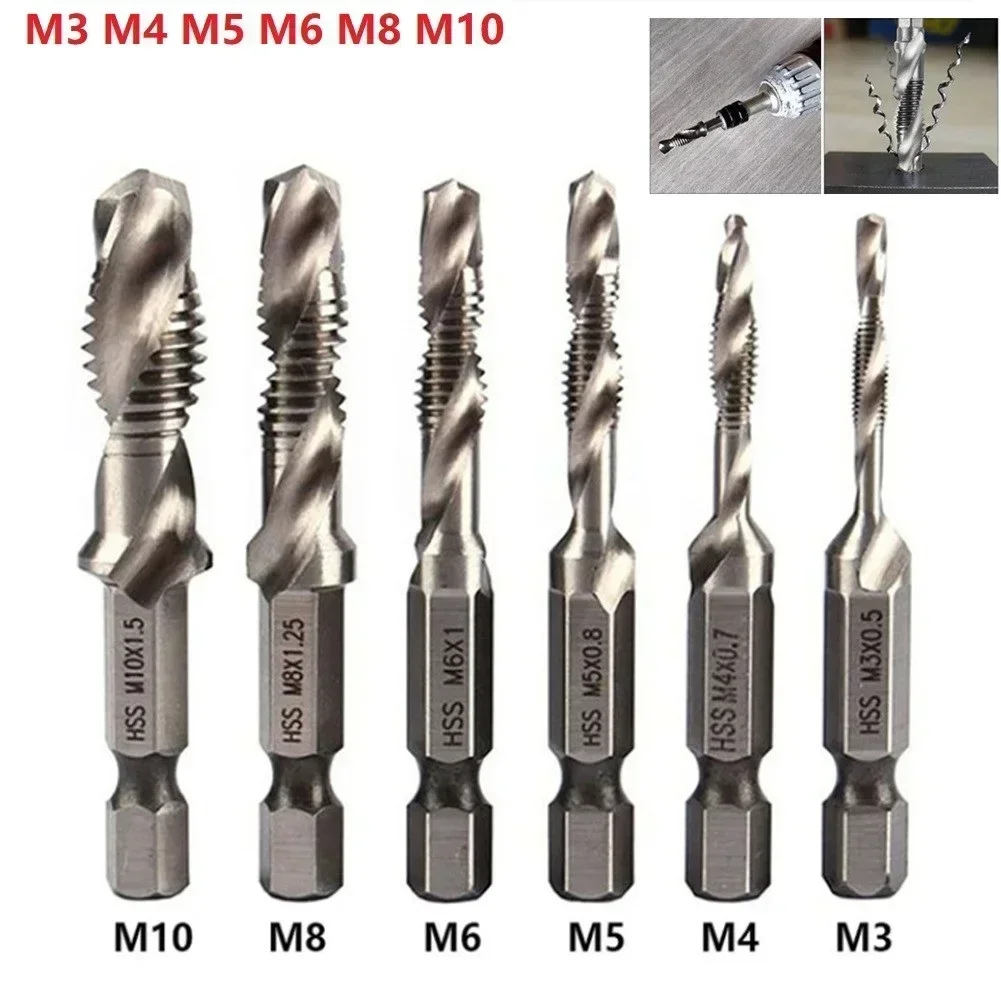 6pcs Metric Thread Tap Drill Bits Set 1/4'' Hex Shank HSS Screw Thread Bit Screw Machine Compound Tap Metal Woodworking Drilling