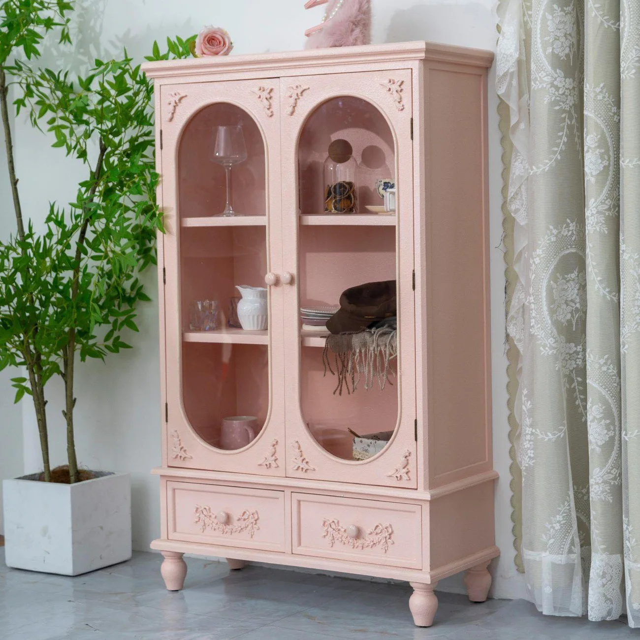 retro style dining side  European cream entrance locker living room American display cabinet pink