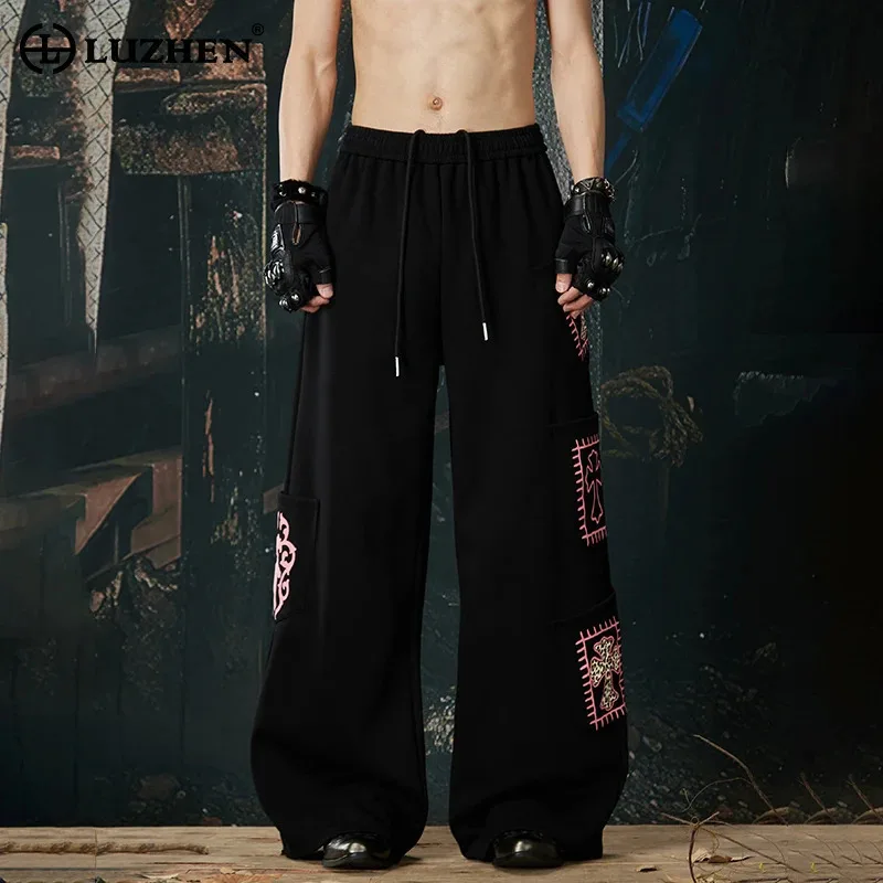 

LUZHEN 2026 New Embroidery Pattern Elastic Waist Loose Straight Casual Pants Men's Trendy Handsome Wide Leg Sweatpants JY6786