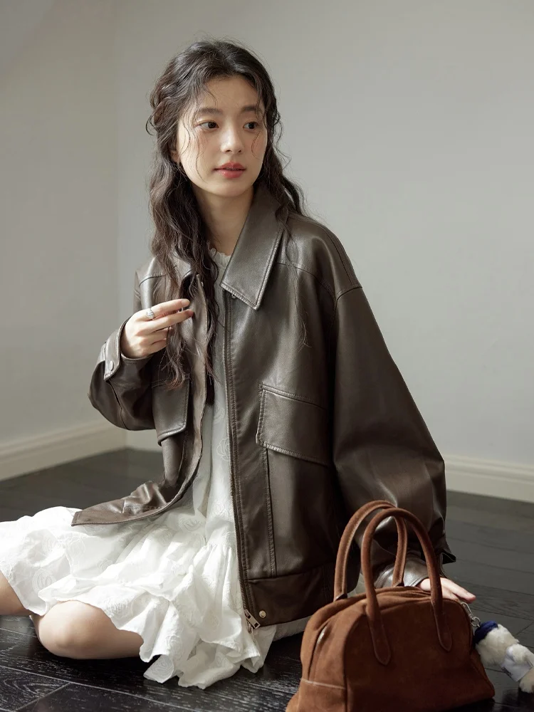 Retro Hazelnoot Bruin Moto Jaet Loose Fit Dames Lente Bovenkleding Winddicht Revers Jas Amy Wine House Pendelen Sle