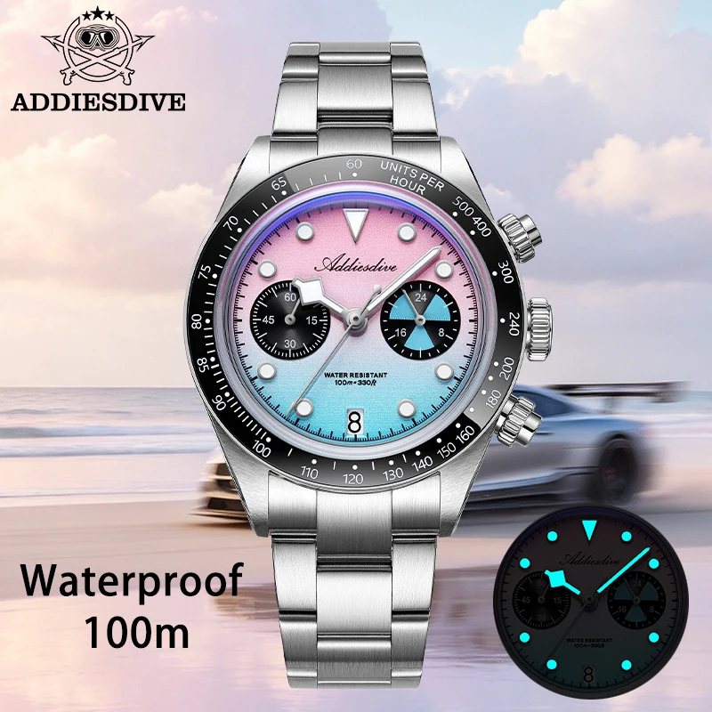ADDIESDIVE New Men's Luxury Racing Watch VK64 Quartz Chronograph Ceramic Bezel 40mm K1 Mineral Glass 100M Waterproof BGW9 Lume