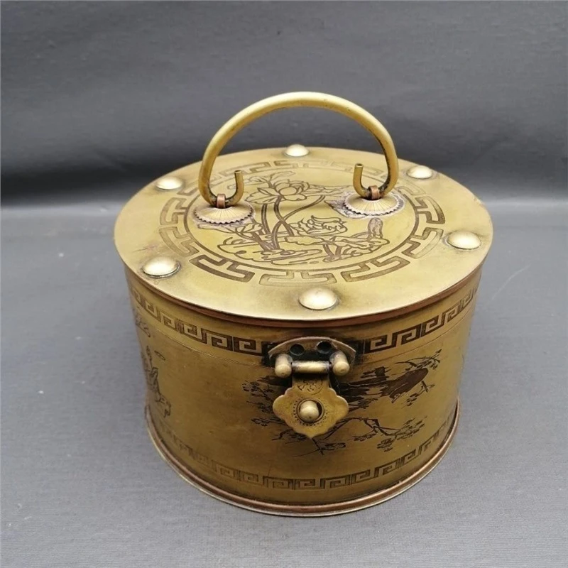 Antique copperware, vintage handle jewelry box, well-designed shape, vivid and beautiful patterns, practical household item for