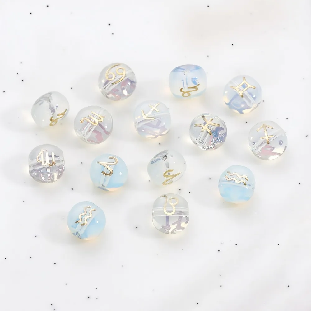 1pcs/1g 12 Zodiac Glass Beads Inner Color Starry Square Sugar Beads Transparent Gold Stamped Symbols Loose Beads DIY Craft