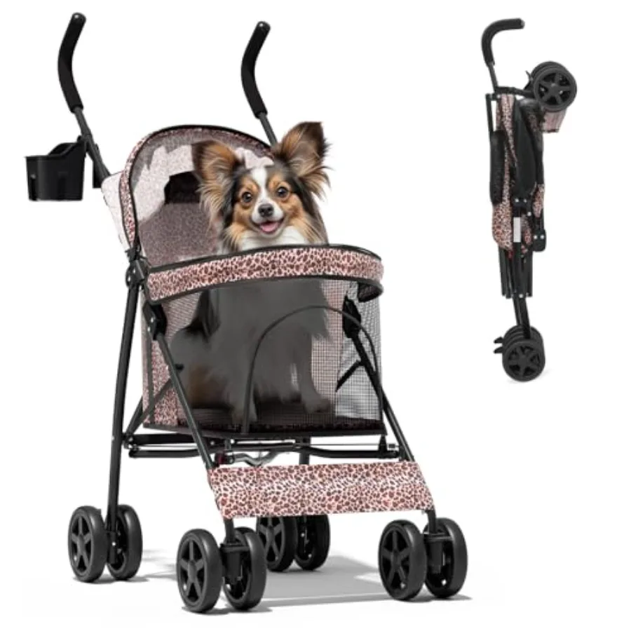 Cochecito para mascotas para perros/gatos pequeños y medianos de hasta 22 libras, estampado de leopardo en poliéster, diseño ligero en forma de paraguas con transpirabilidad.