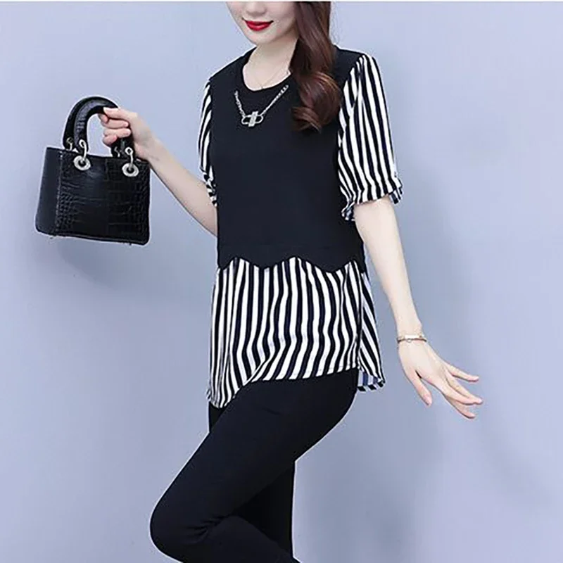 Fashion O-Neck Spliced Striped Fake Two Pieces Blouses Women's Clothing Summer New Loose Commuter Butterfly Sleeve Shirts L126