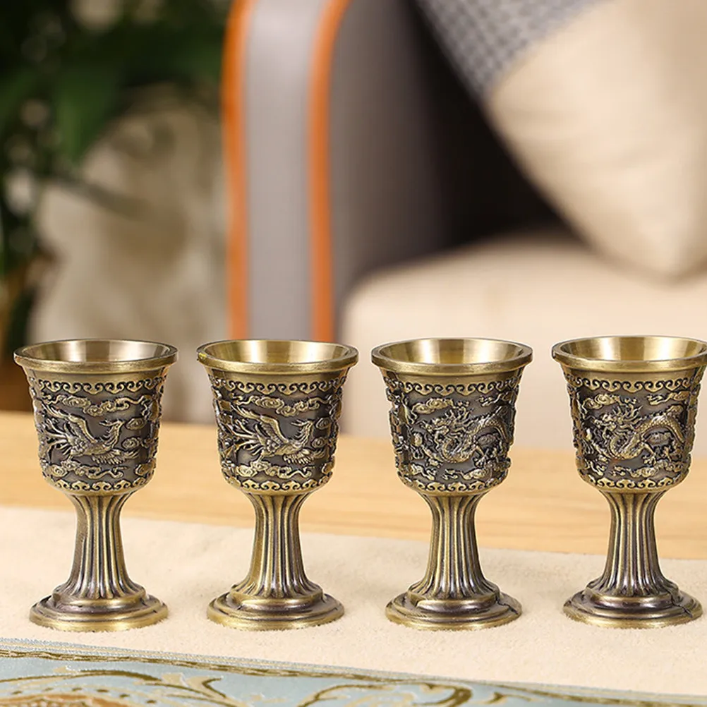 High Grade Zinc Alloy Bronze Style Dragon Phoenix Wine Cup Multi Function Delicate Liqueur Goblet for Dinner Home Decoration