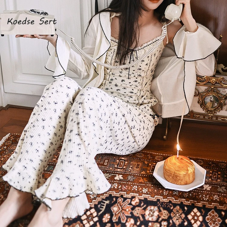 

Осень-зима, новые пижамы в китайском стиле с принтом и бантом, хлопковая одежда для сна, женский комплект, сексуальный комплект из трех предметов на подтяжках, домашняя одежда