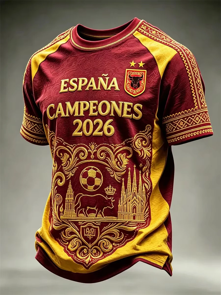 2027 Spain Champions Football Jersey Men's Burgundy Gold Graphic Short Sleeve Crew Neck Soccer Fan Shirt Casual Sportswear Top