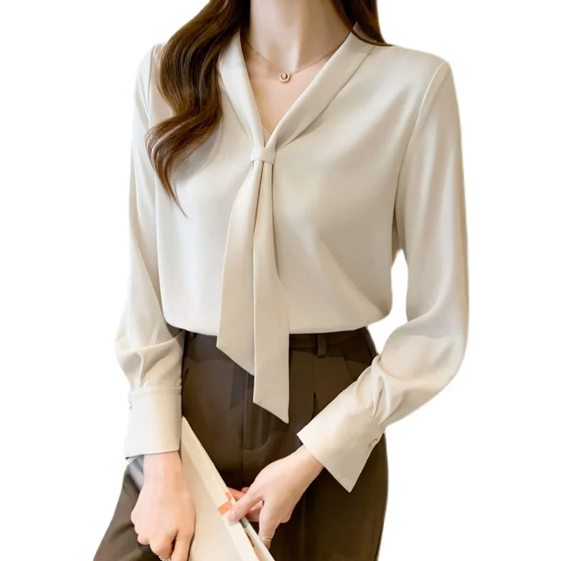 2021 White Blouse for Women\'s Solid Color Chiffon Shirt V-neck Shirt Long Sleeve Ladies Tops Bow Blusas Female Dropshipping 1290