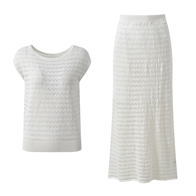 2026 Lady French Style Jacquard Hollow Out O-neck Sleeveless Tops A-line Long Skirt Women Summer Sequined Solid Knits 2pcs