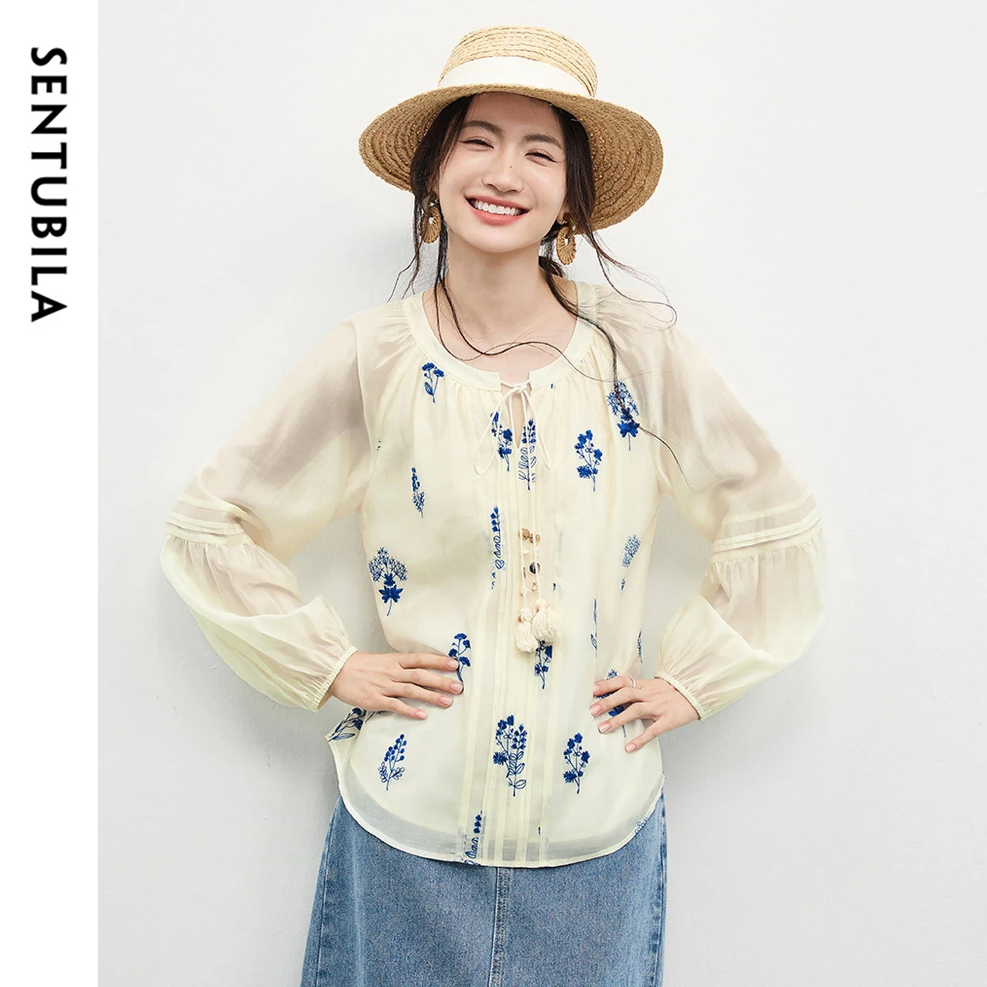 

SENTUBILA Elegant Blouses for Women 2026 Spring New Round Neck Tassel Tie Floral Vine Embroidery Lightweight Shirt 161CA4167