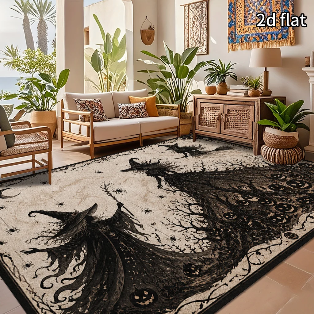 2D Flat Retro Abstract Black Witch Spider Halloween Rug, Non‑Slip Washable Mat for Living Room Bedroom Hallway Indoor Decor