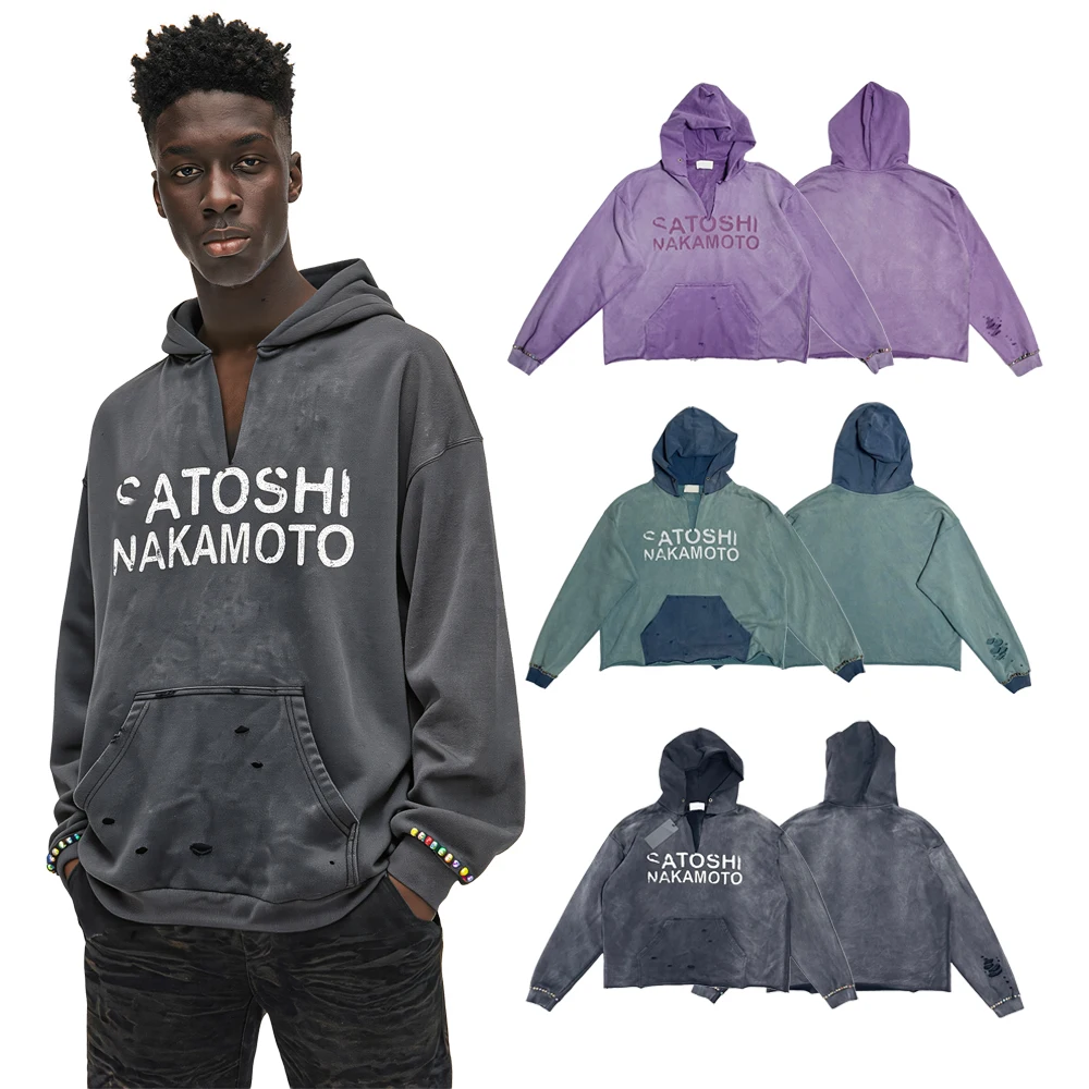 Y2k Harajuku Streetwear Letter Graphic Hoodie with Color Rivet Hiphop Street Style Cotton Retro Distressed Ripped Casual Hoodies