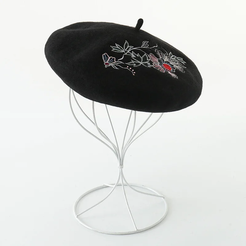 X189  Adult Wool Beret Hat Flower Embroidered Wool Beret Painter Hat Ladies Woolen Caps image 4