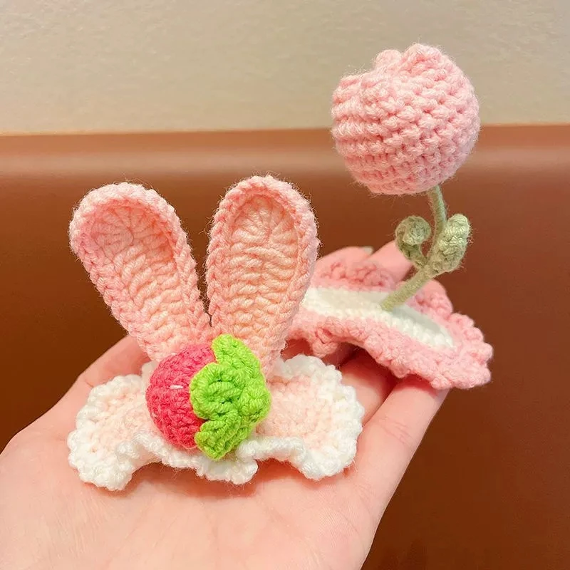 لطيف محبوك بوبي دبوس الشعر للفتيات إكسسوارات الشعر الأطفال اليدوية الكروشيه المشابك الكرتون لطيف أرنب دبابيس الشعر للأطفال