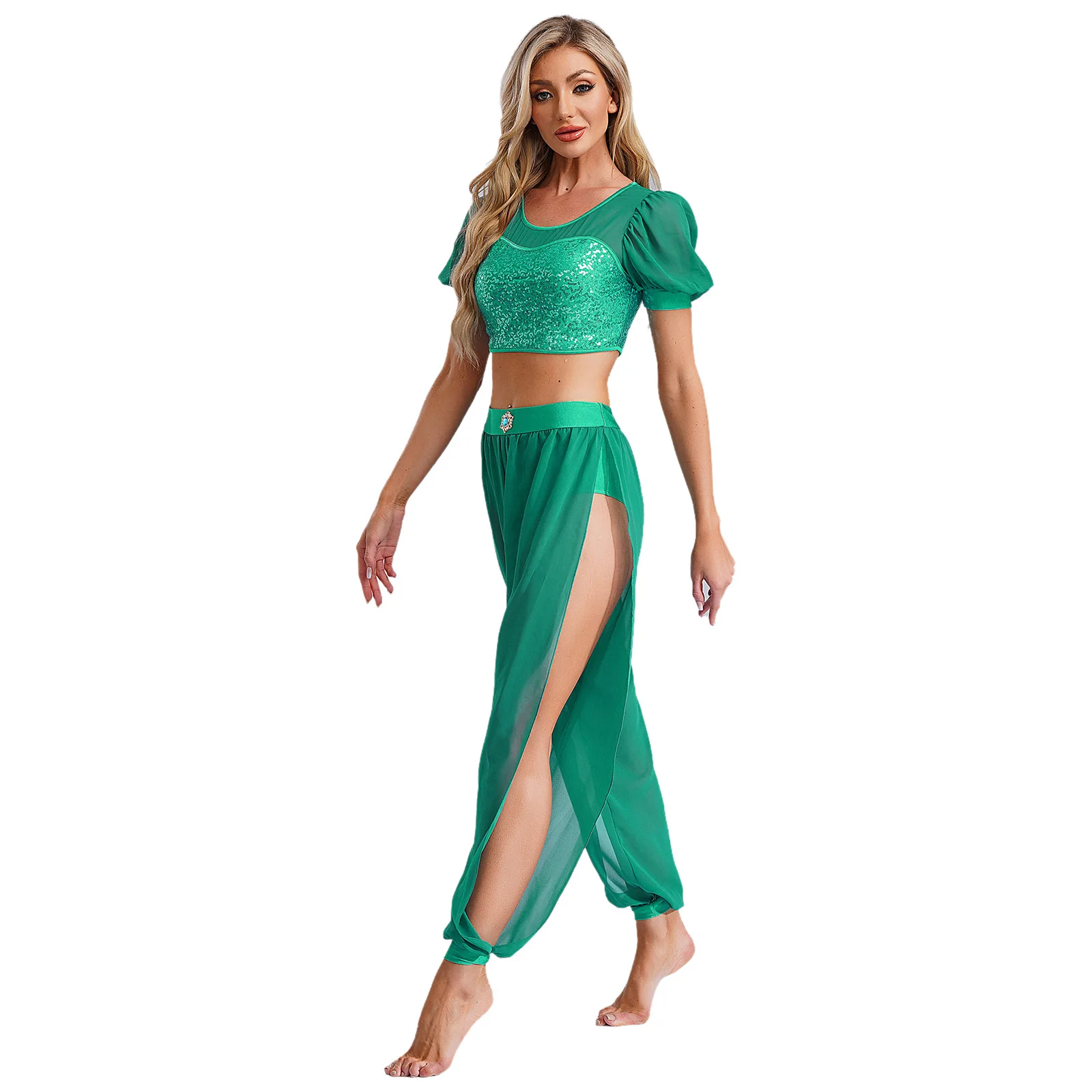 Women Belly Dancing Outfit Sequin Crop Top with Side Slit Pants Halloween Carnival Arabian Princess Cosplay Performance Costume