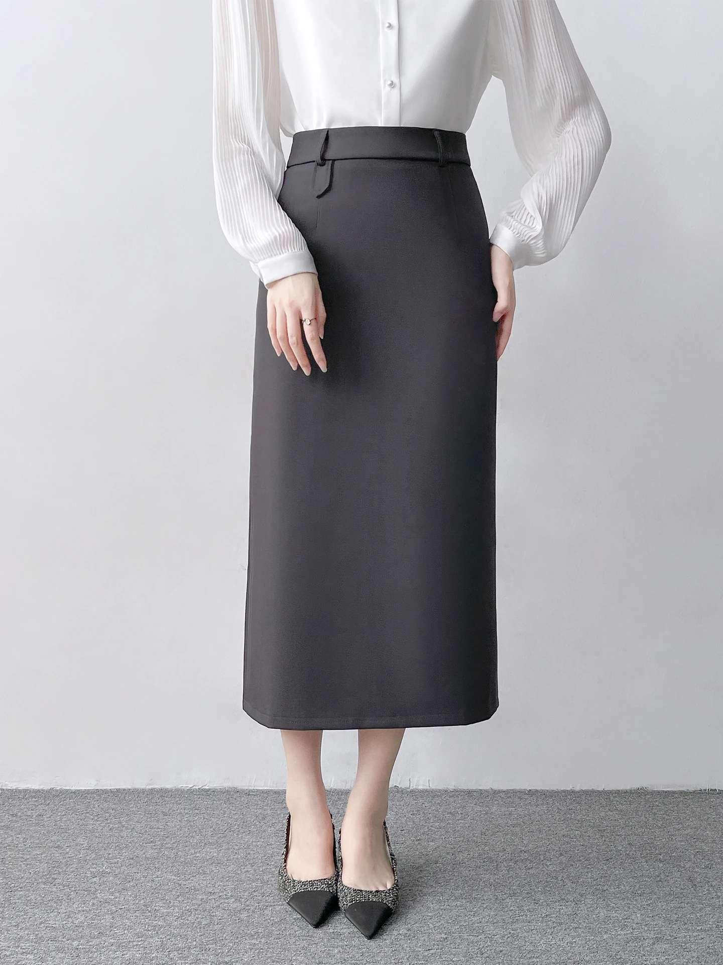 Gray Tailored Suit Skirt High Waist Straight Leg One Step Zipper Back Split Work Commute Women's Fashion Korean Style