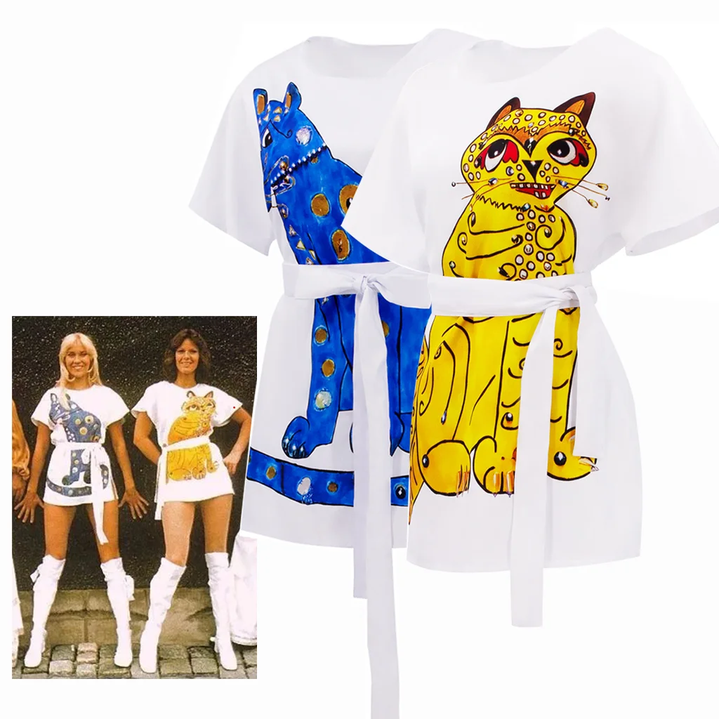 ABBA Band Agnetha Faltskog Cosplay Anni·Frid Cosplay ABBA Cat Dress Women Dress Vintage T-shirt Casual Halloween Costume